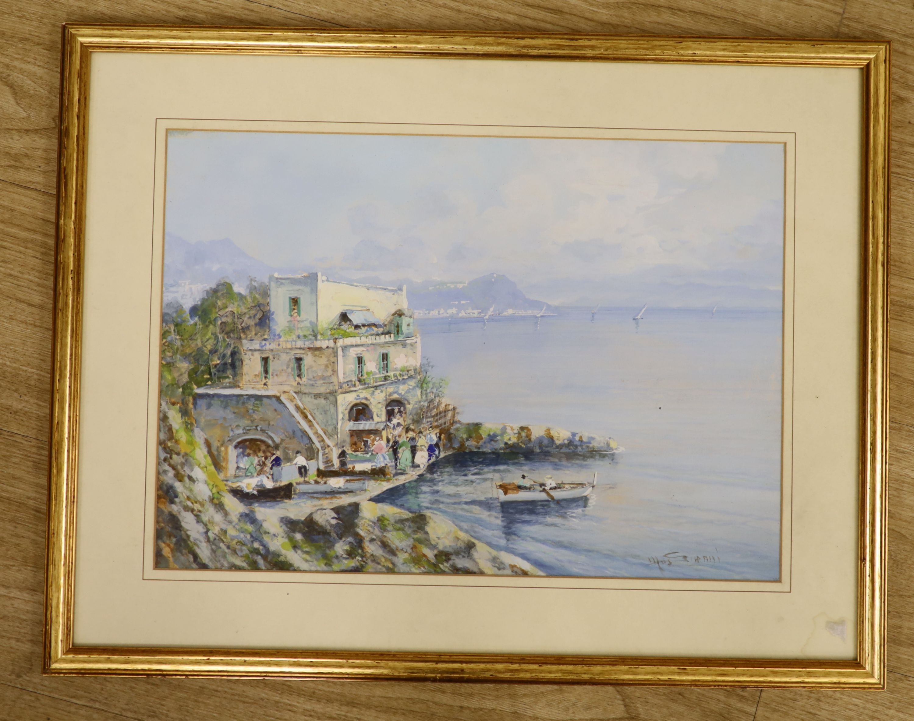M. Gianni, watercolour and gouache, Italian coastal landscape, signed, 32 x 46cm